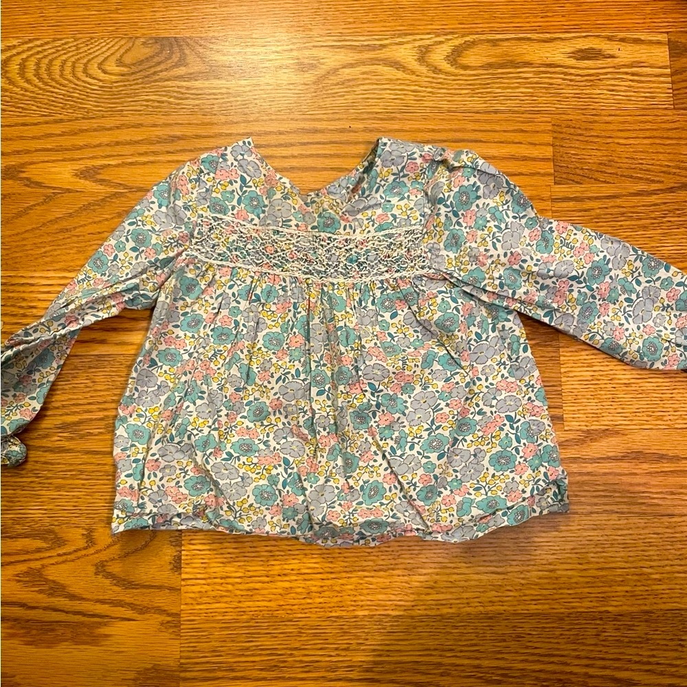 Baby Boden Floral Smocked Long-Sleeve Top in Teal, Pink & Yellow